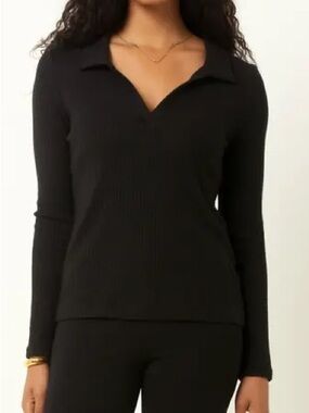 Calvin Klein Ribbed Knit Sweater Women L Black Collared V Neck Long Sleeve Chic